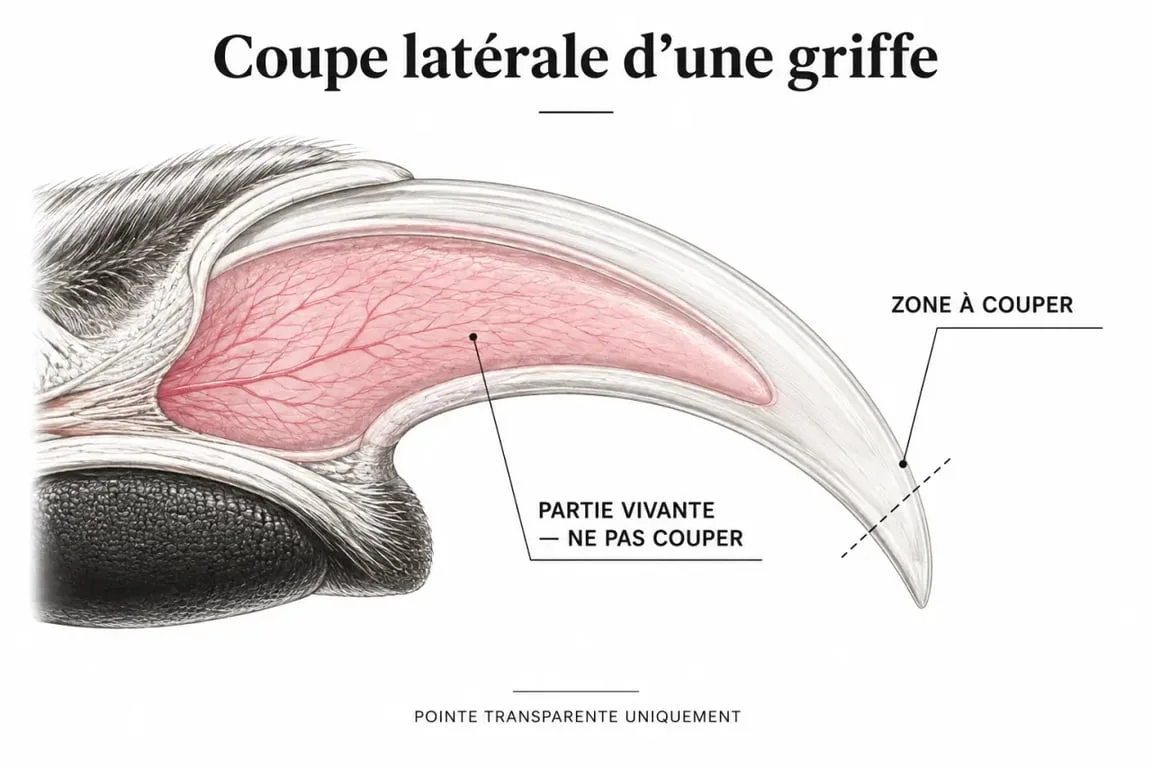 Comment couper les griffes d’un chat : schéma de la pointe à couper et de la partie vivante