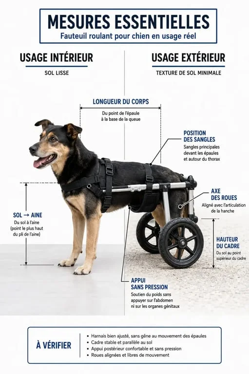 Fauteuil roulant pour chien avec repères de mesure et ajustement des sangles