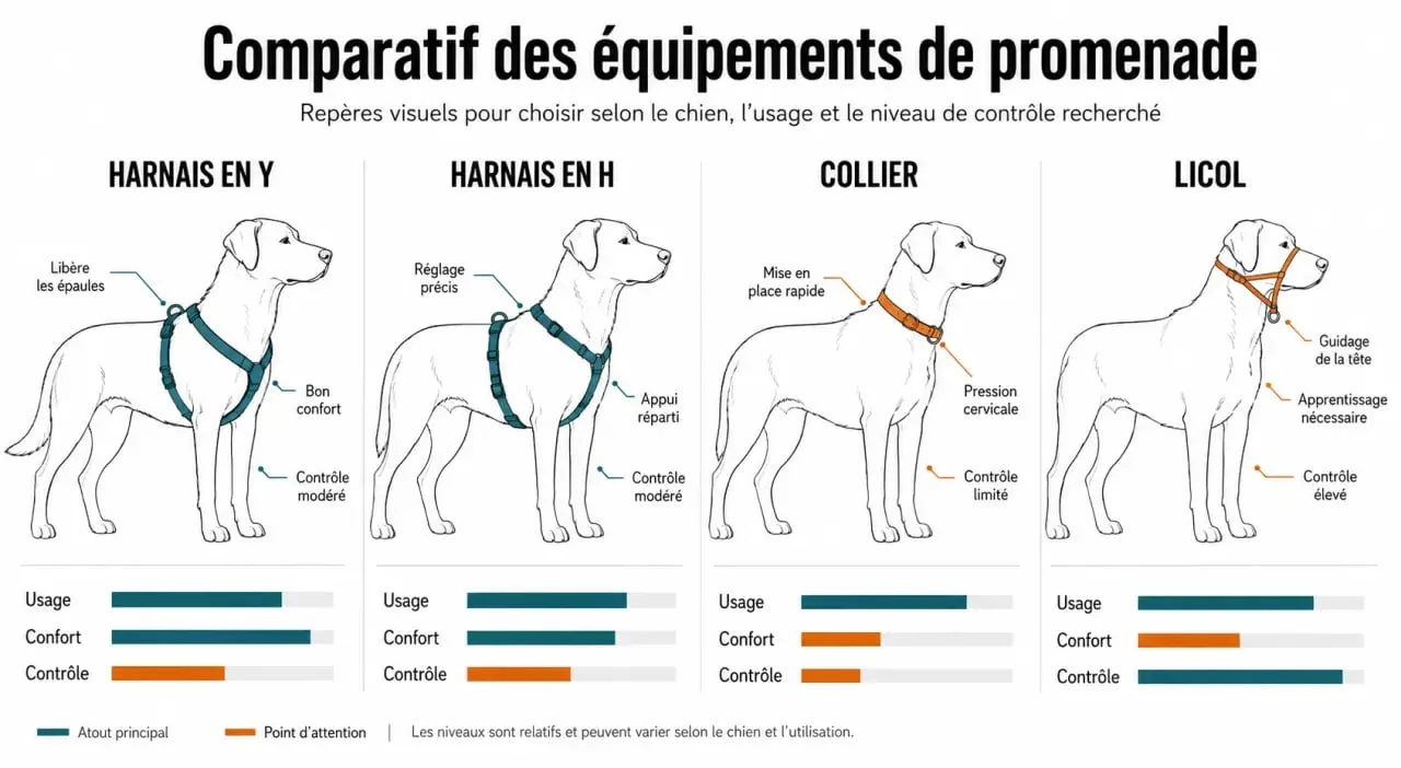 Comparatif harnais en Y, harnais en H, collier et licol pour chien