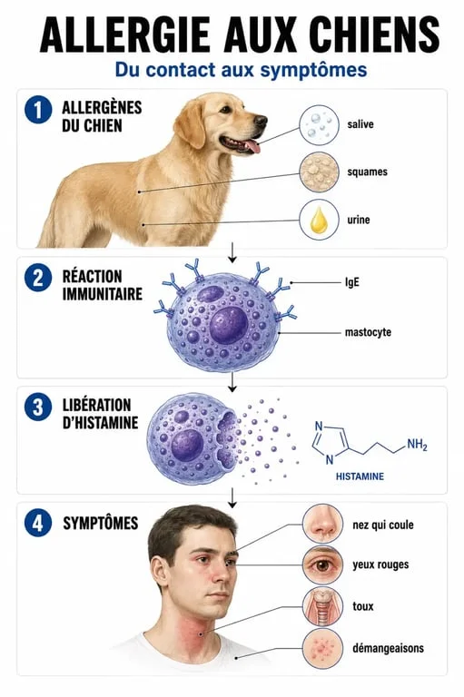 Schéma de l'allergie aux chiens avec allergènes, histamine et symptômes