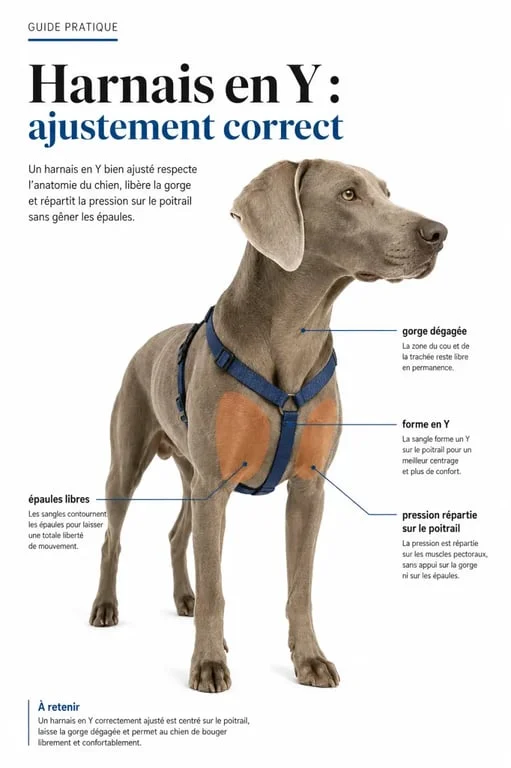 Harnais en Y correctement ajusté sur un chien, avec vue claire de la répartition sur le poitrail